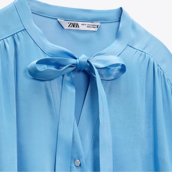 Zara Satin Bow Tie V-Neck Long Sleeve Button Up Blouse Chic | Sky Blue | Medium - Picture 6 of 11